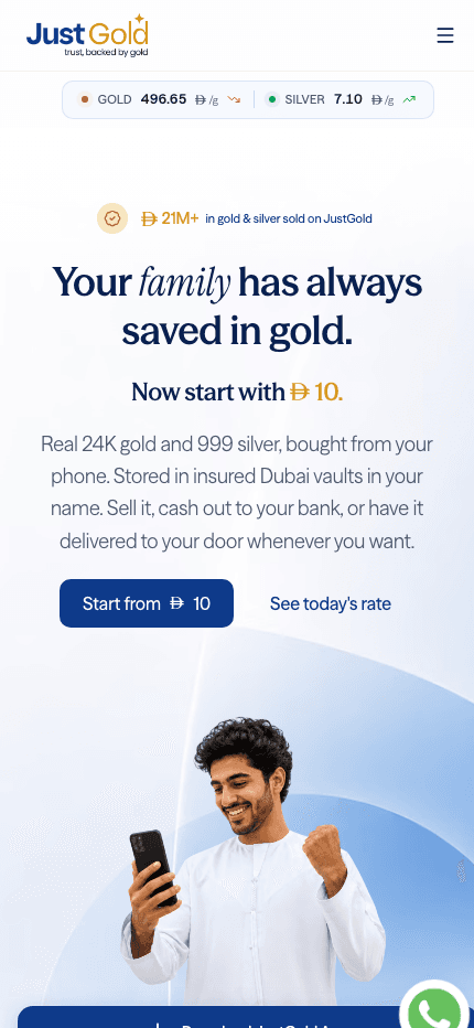 JustGold website on mobile, live capture